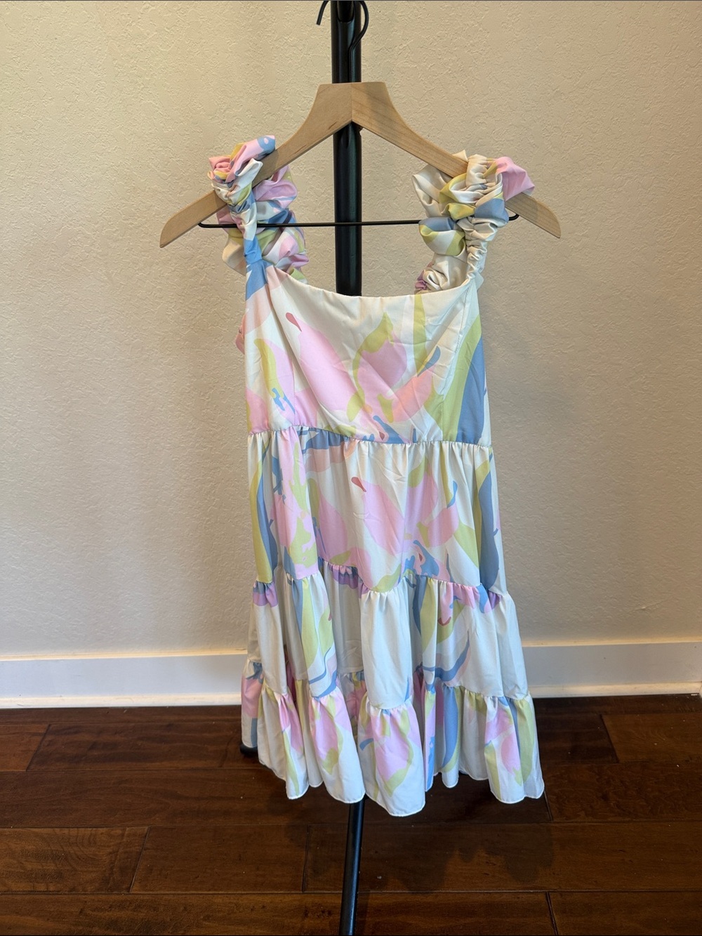 Vici Pastel Abstract Ruffle-Strap Tiered Mini Dress - Pink, Blue, Yellow, Cream